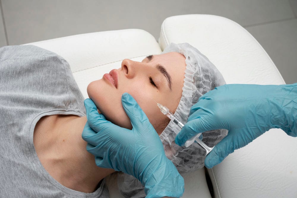 A practitioner giving a patient an anti-wrinkle injection